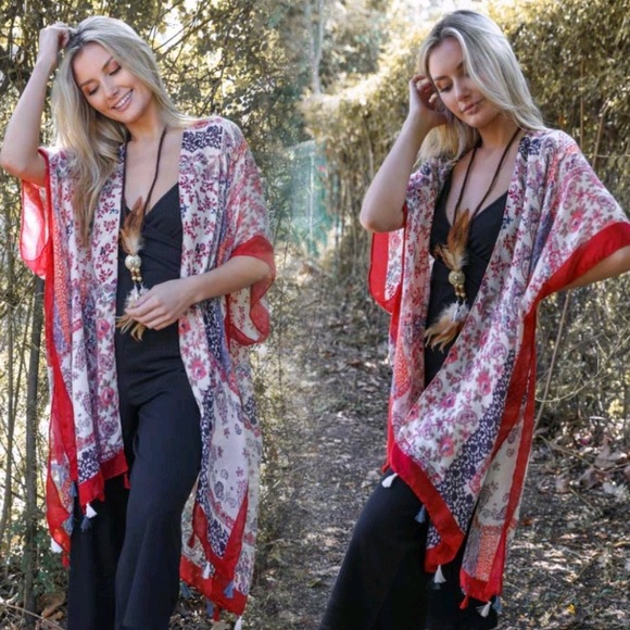 LAST 1 NEW Paisley & Flower PRINT Tassel Swimsuit Coverup Kimono Wrap Cardigan - Picture 2 of 5